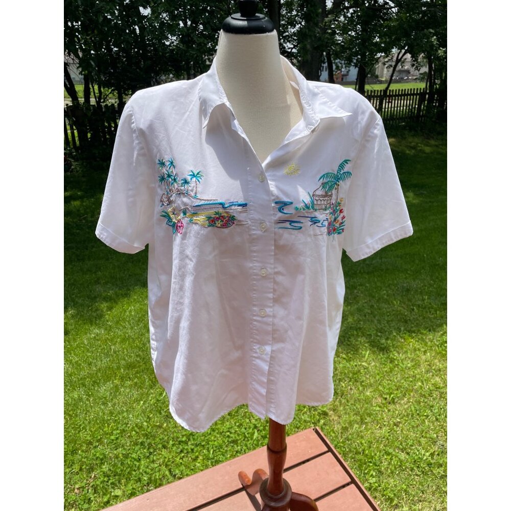 Vintage Napa Valley XL White Short Sleeve Button-Up Shirt With Tropical Embroide